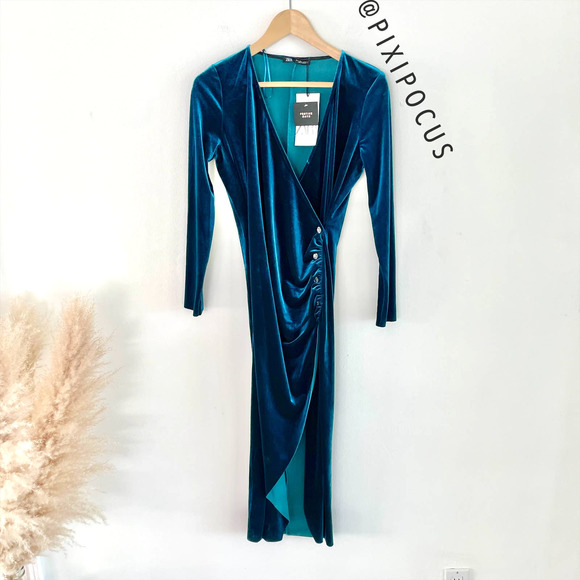 ZARA VELVET JEWEL BUTTON RUCHED MIDI DRESS BLUE - Picture 8 of 12